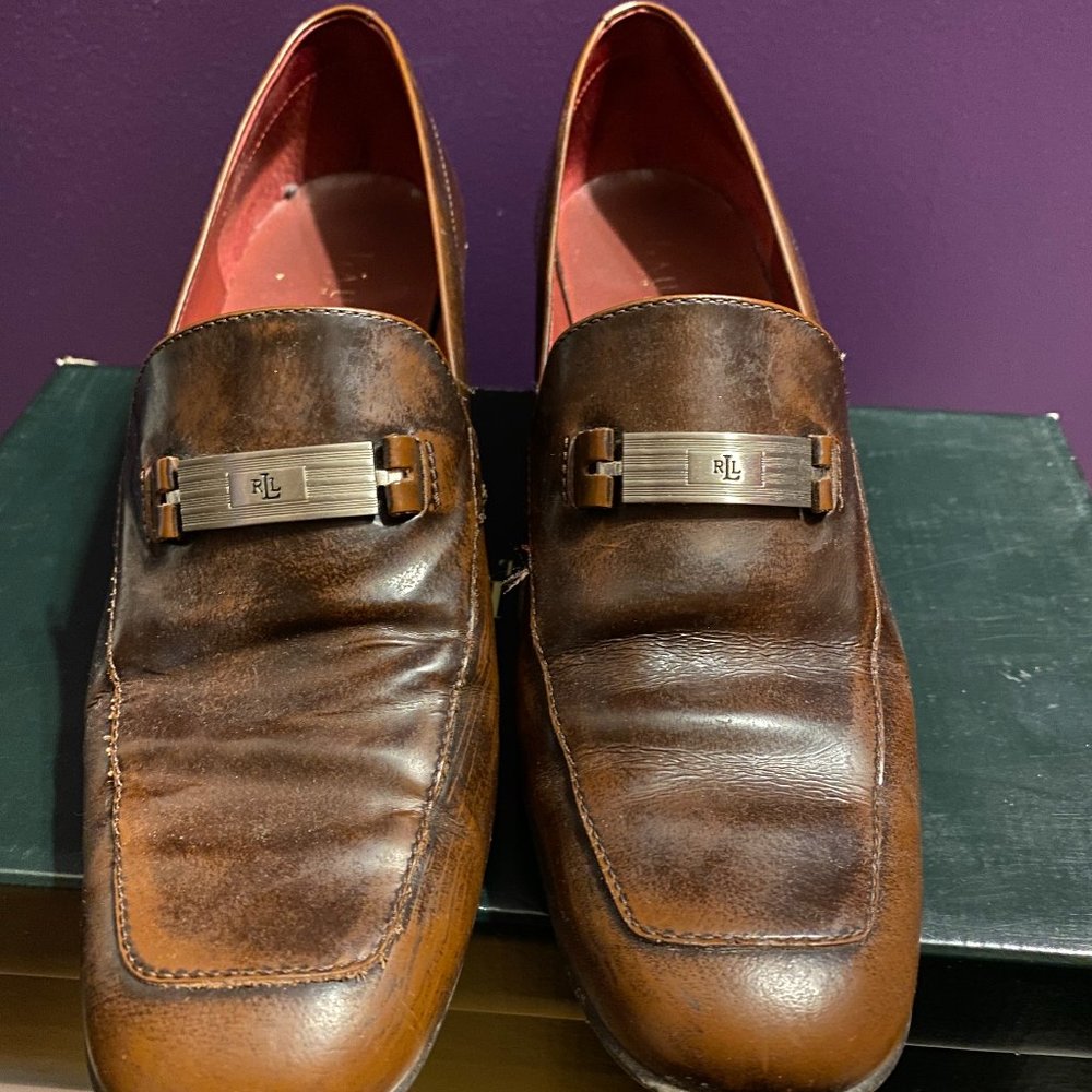 Lauren Ralph Lauren Brown Leather Moccasin Loafers with Metal RL Plaque